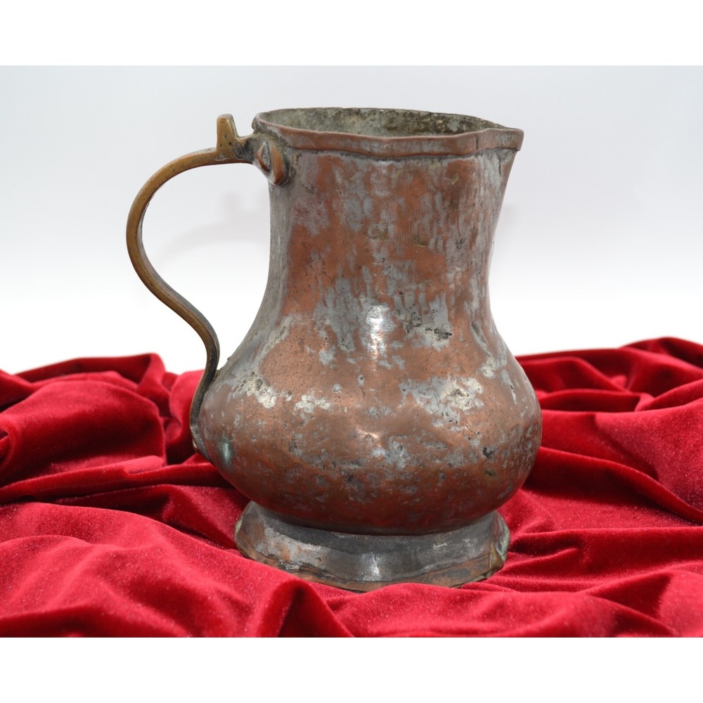 Antique Hammered Copper Pitcher Primitive Hand Forged Metal Jug Rustic Patina